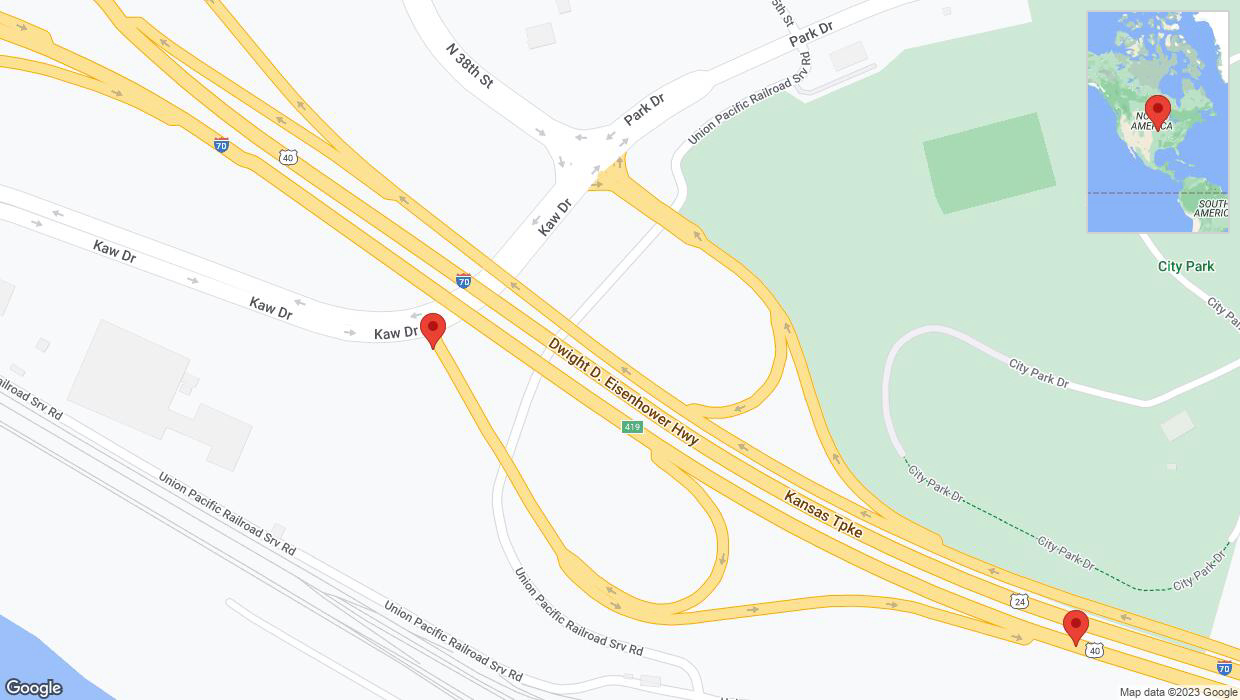 A detailed map that shows the affected road due to 'Kansas City: Kaw Drive closed' on September 22nd at 11:07 p.m.