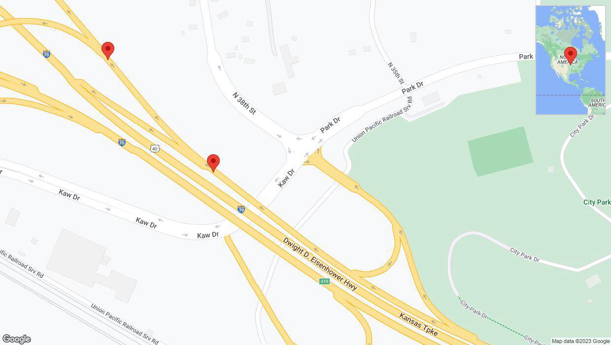A detailed map that shows the affected road due to 'Kansas City: Road closed' on September 23rd at 11:43 p.m.