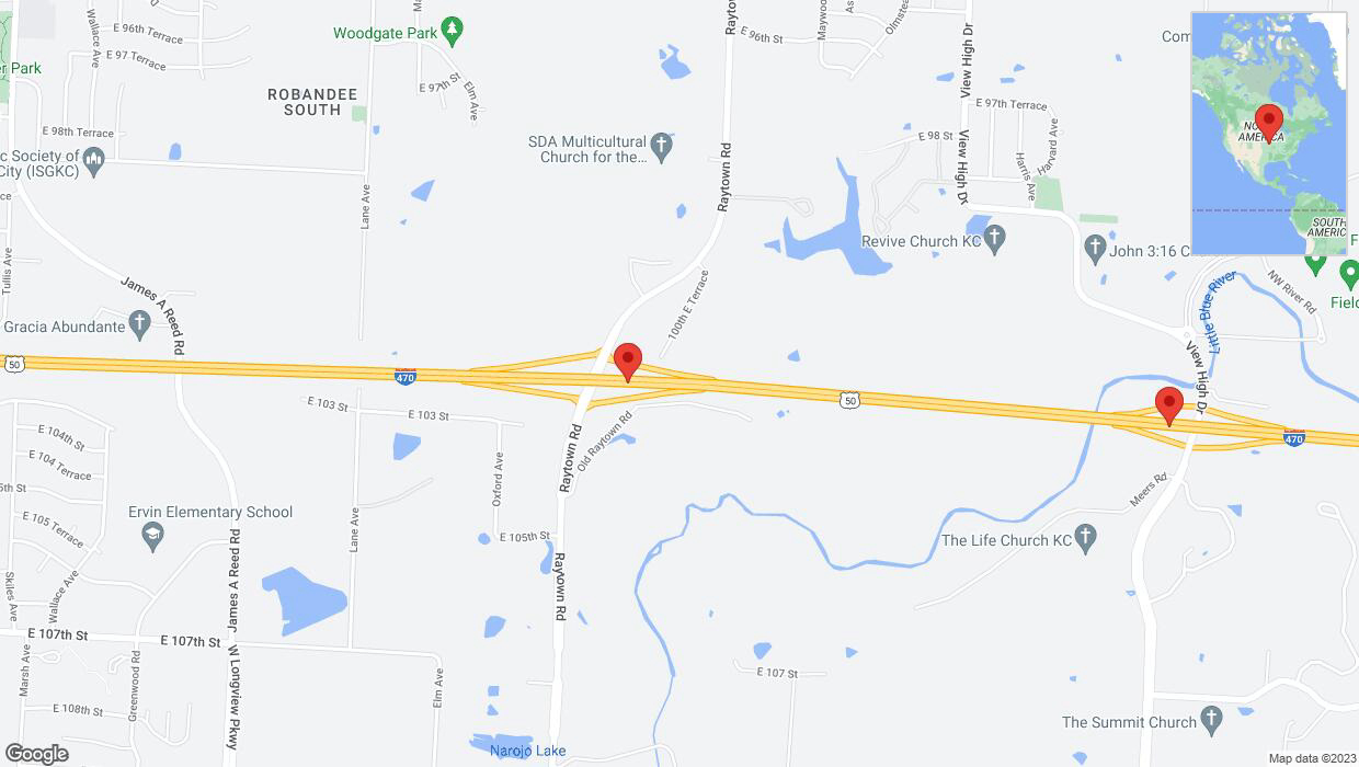 A detailed map that shows the affected road due to 'Crash reported on eastbound I-470 in Kansas City' on September 23rd at 1:25 p.m.