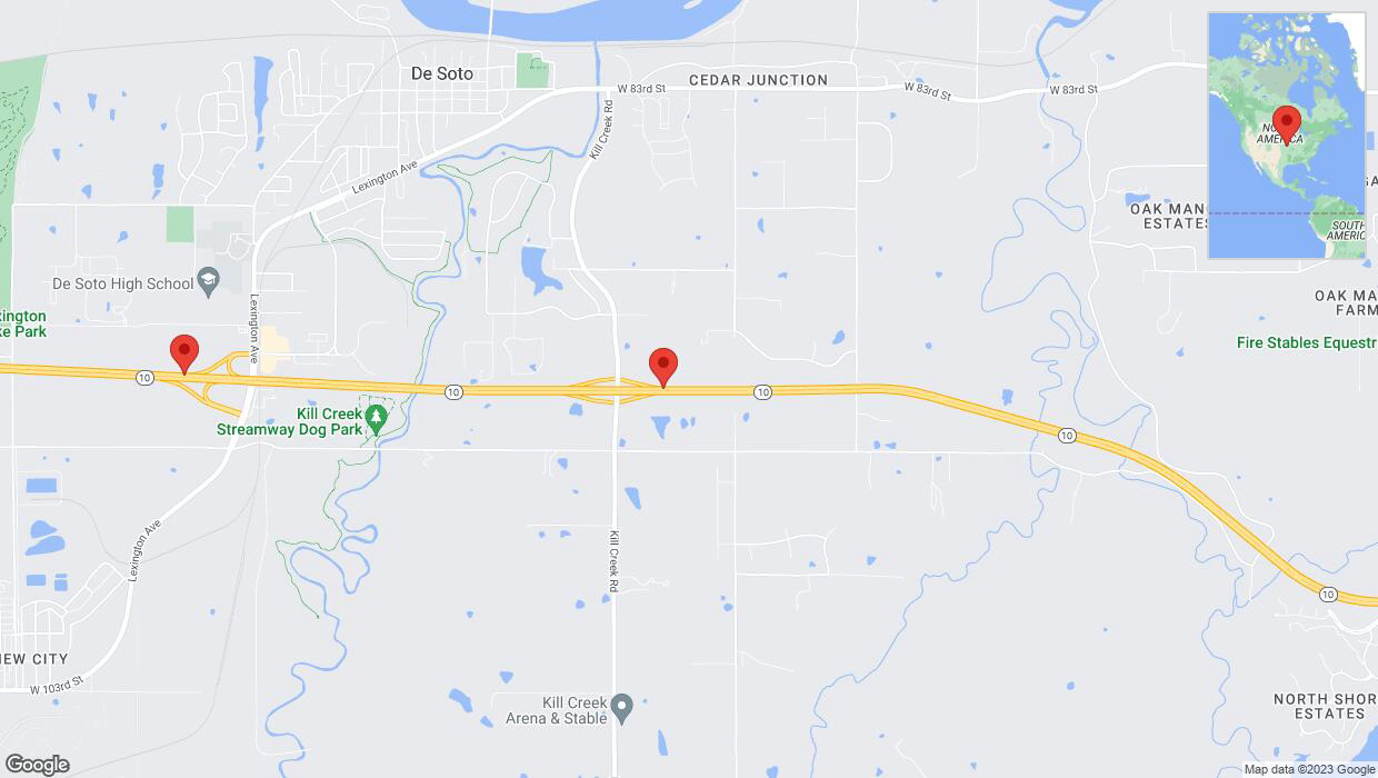A detailed map that shows the affected road due to 'K-10 temporarily closed in De Soto' on September 23rd at 5:07 p.m.