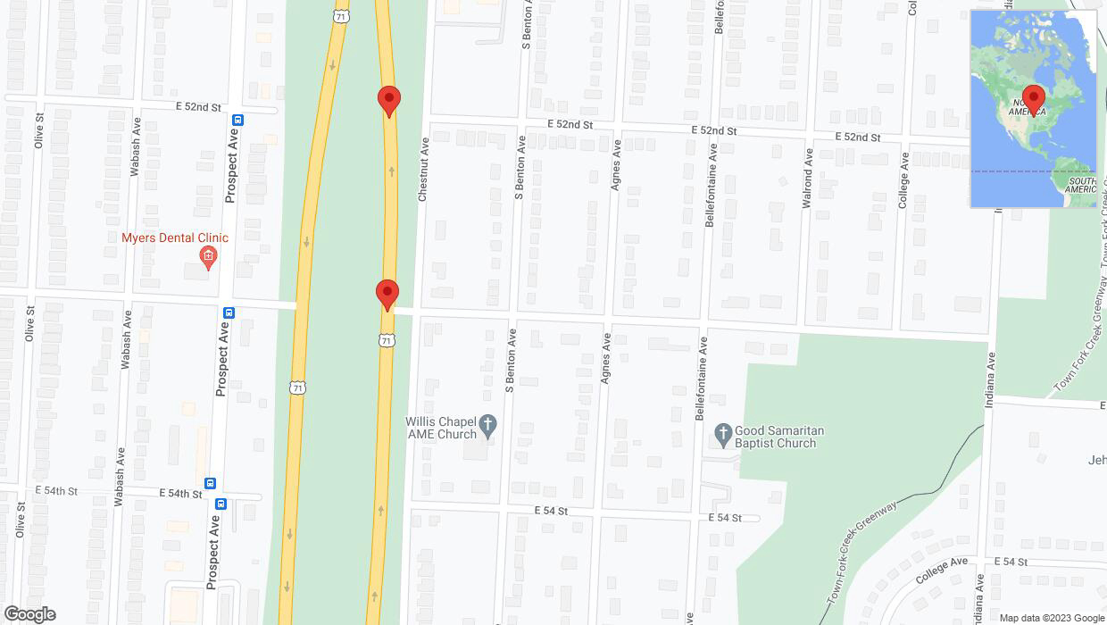 A detailed map that shows the affected road due to 'Broken down vehicle on northbound the Bruce R Watkins Expressway/US-71 in Kansas City' on September 23rd at 9:55 p.m.