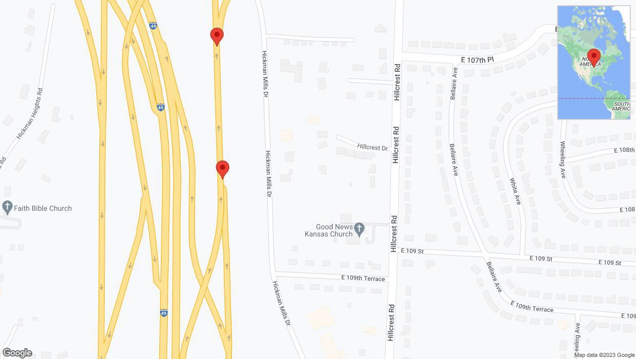 A detailed map that shows the affected road due to 'Warning in Kansas City: Crash reported on Hickman Mills Drive' on September 23rd at 9:31 p.m.