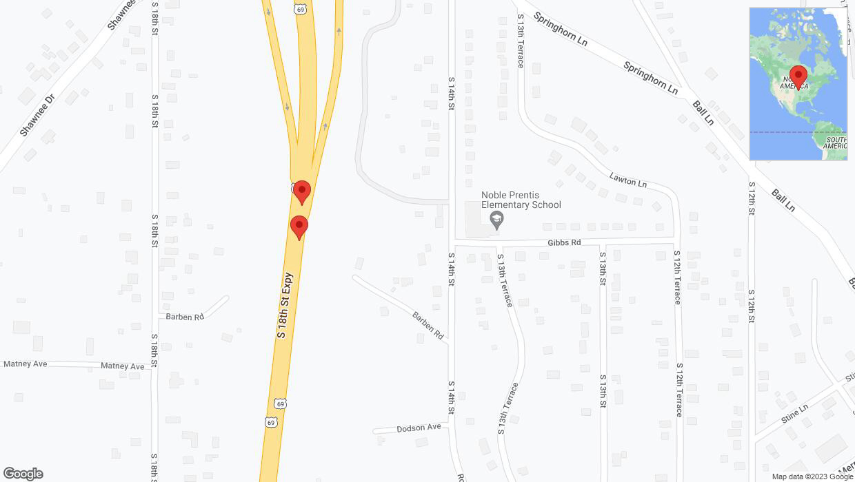 A detailed map that shows the affected road due to 'Lane on US-69 closed in Kansas City' on September 23rd at 11:13 p.m.