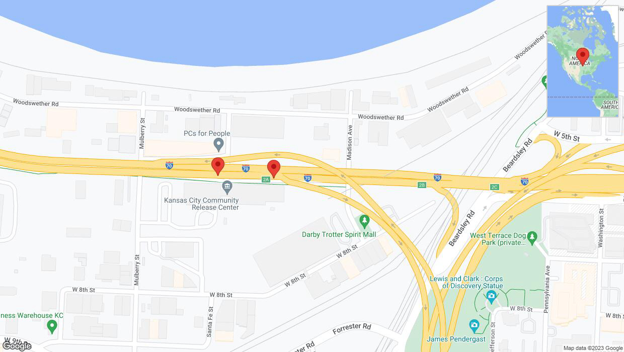 A detailed map that shows the affected road due to 'Broken down vehicle on eastbound I-70 in Kansas City' on September 24th at 12:55 p.m.