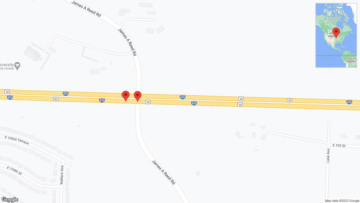 A detailed map that shows the affected road due to 'Broken down vehicle on eastbound I-470 in Kansas City' on September 24th at 1:19 p.m.