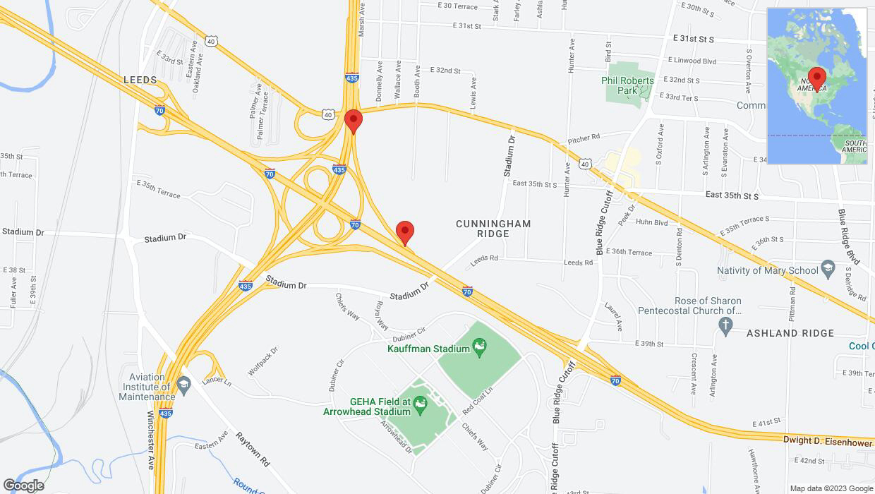 A detailed map that shows the affected road due to 'Broken down vehicle on Booth Avenue in Kansas City' on September 24th at 6:43 p.m.