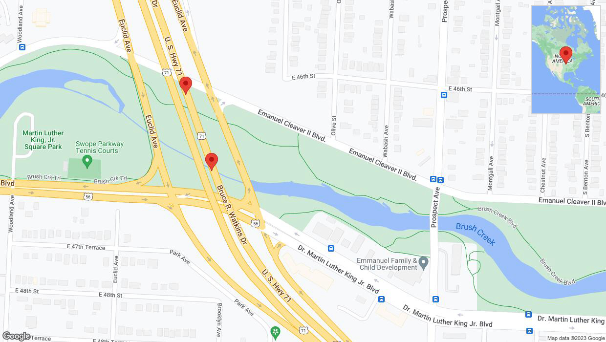 A detailed map that shows the affected road due to 'Broken down vehicle on northbound the Bruce R Watkins Expressway/US-71 in Kansas City' on September 24th at 6:19 p.m.