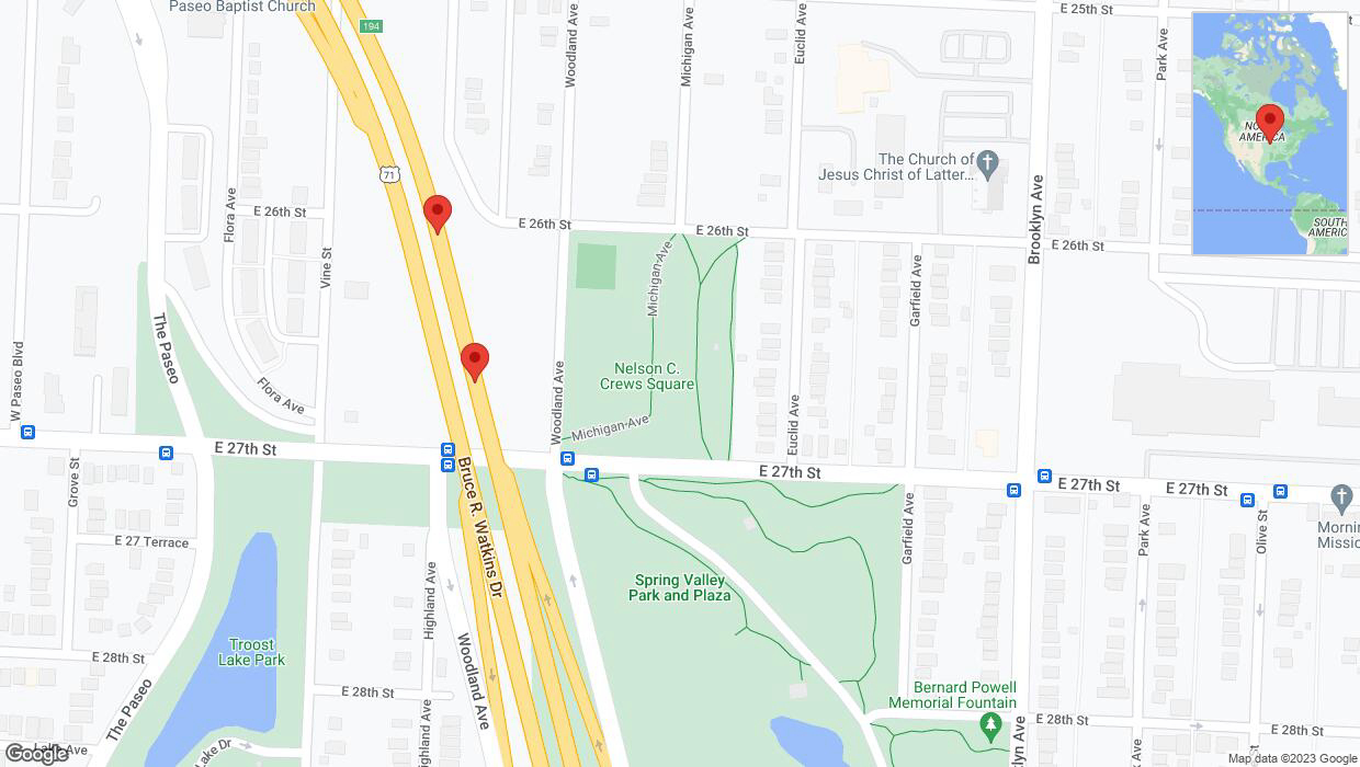 A detailed map that shows the affected road due to 'Broken down vehicle on northbound US-71 in Kansas City' on September 24th at 6:43 p.m.