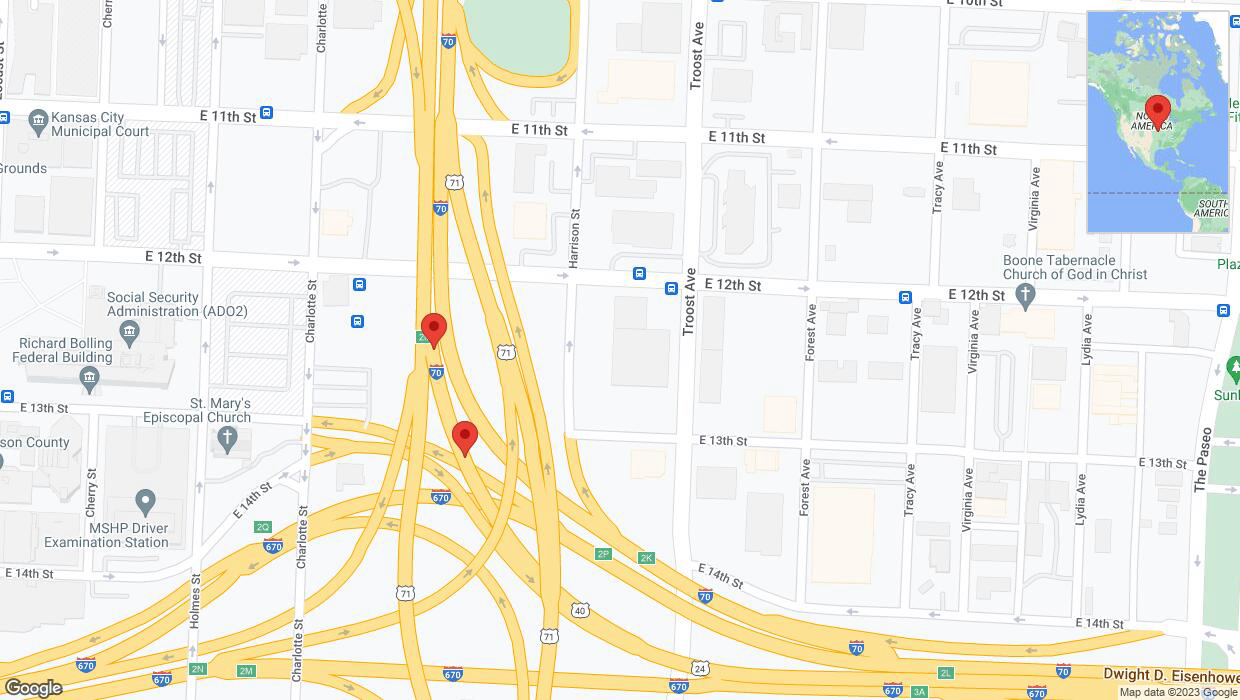 A detailed map that shows the affected road due to 'Broken down vehicle on eastbound I-70 in Kansas City' on September 24th at 8:07 p.m.