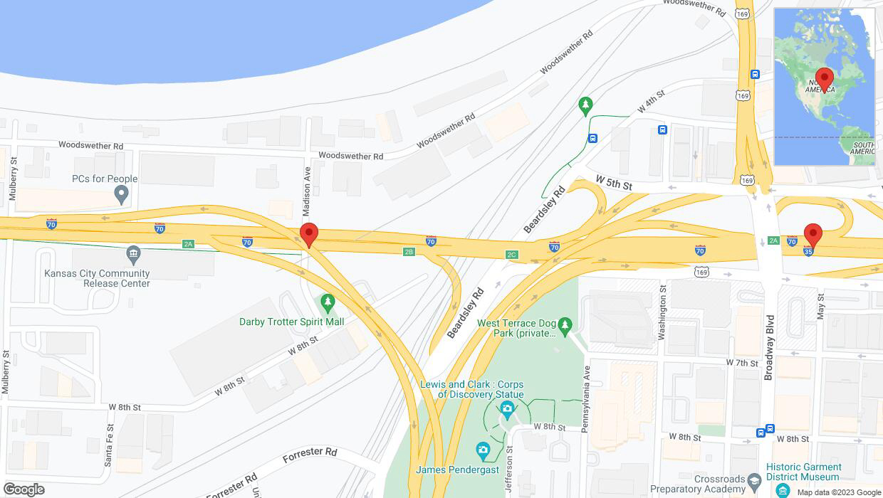 A detailed map that shows the affected road due to 'I-70: bridge closed between Third Street/James St/Exit 423 and I-35/Beardsley Road/Exit 2' on September 24th at 8:01 p.m.