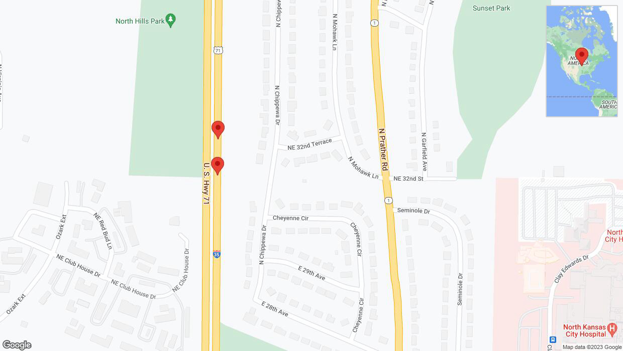 A detailed map that shows the affected road due to 'Broken down vehicle on northbound I-29/I-35 in Kansas City' on September 24th at 10:25 p.m.