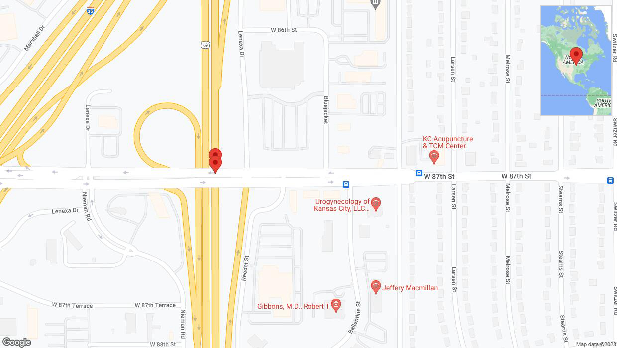 A detailed map that shows the affected road due to 'Broken down vehicle on northbound US-69 in Lenexa' on September 25th at 12:25 p.m.