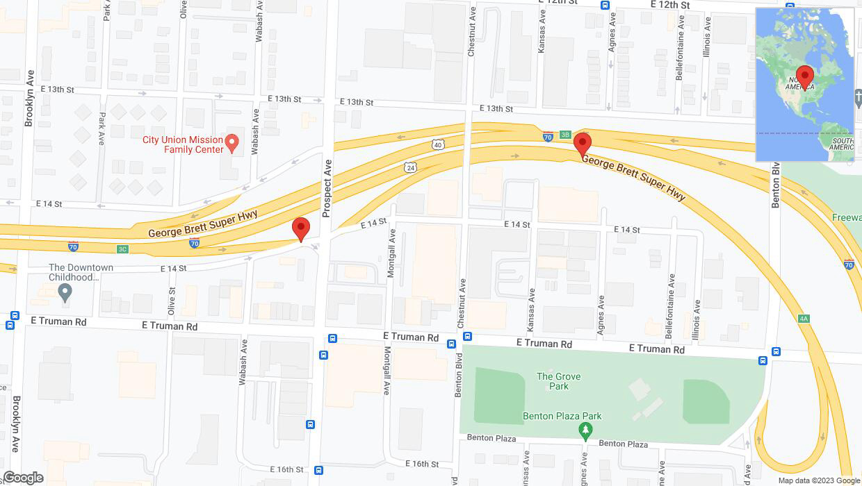 A detailed map that shows the affected road due to 'Kansas City: Prospect Avenue closed' on September 25th at 12:55 p.m.