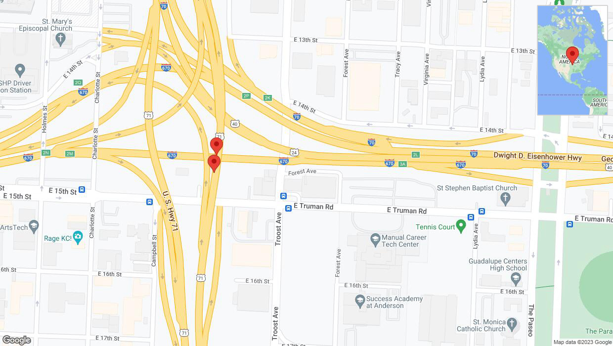 A detailed map that shows the affected road due to 'Broken down vehicle on northbound US-71 in Kansas City' on September 25th at 2:07 p.m.