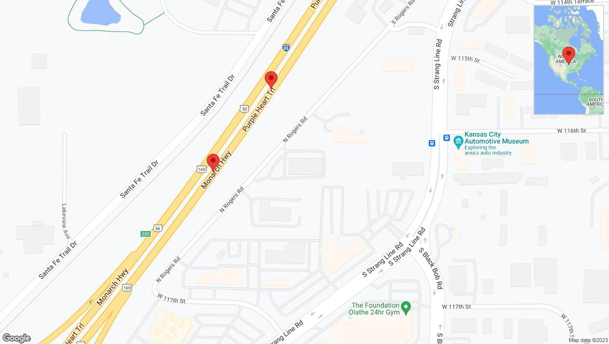 A detailed map that shows the affected road due to 'Broken down vehicle on eastbound I-35 in Olathe' on September 25th at 2:49 p.m.