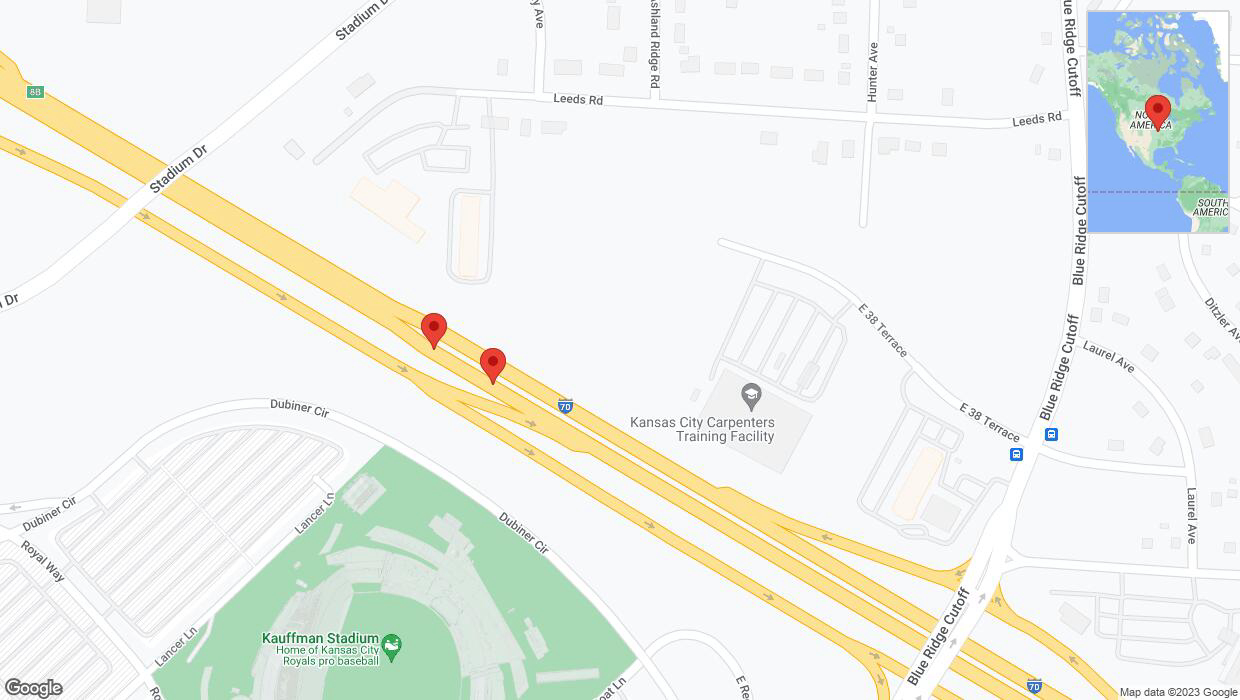 A detailed map that shows the affected road due to 'Broken down vehicle on eastbound I-70 in Kansas City' on September 25th at 5:37 p.m.