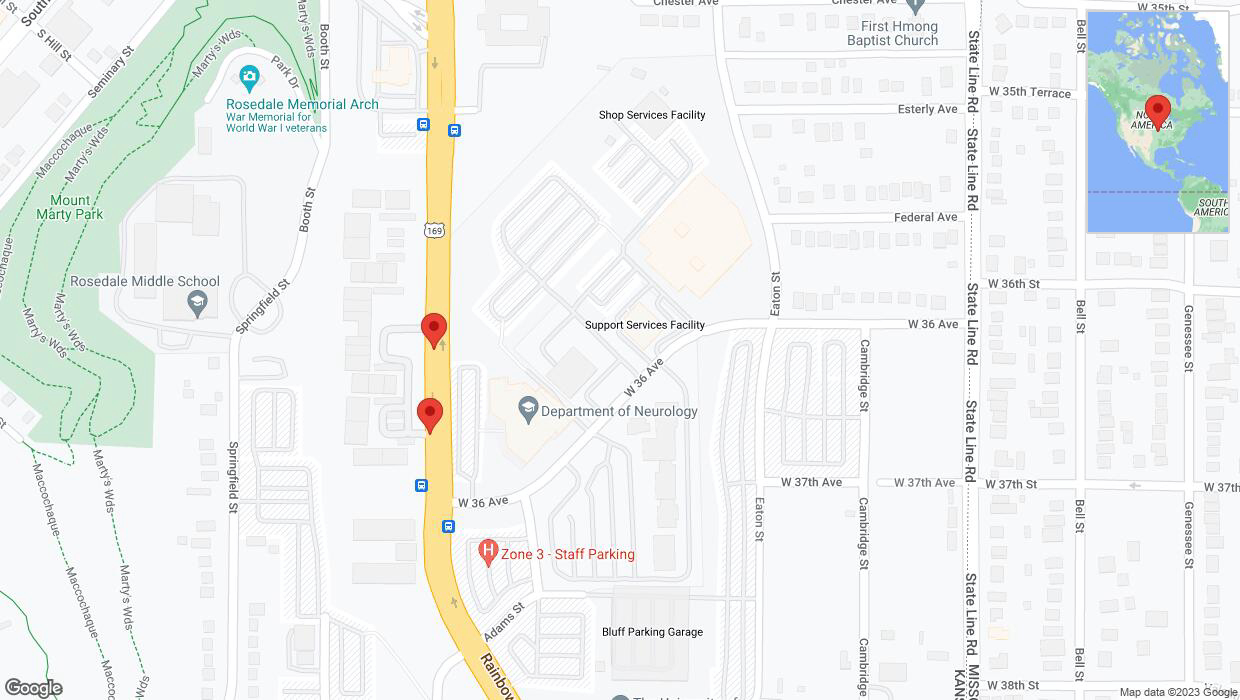 A detailed map that shows the affected road due to 'Lane on Rainbow Boulevard/US-169 closed in Kansas City' on September 25th at 3:07 p.m.