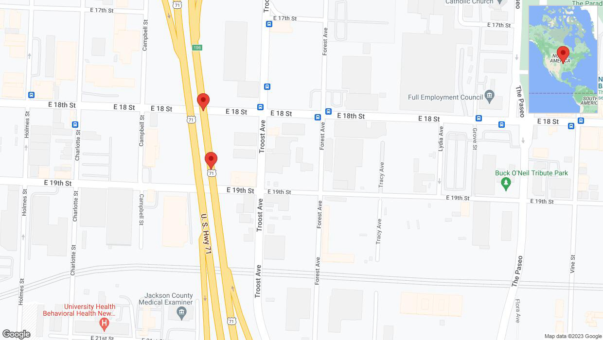 A detailed map that shows the affected road due to 'Broken down vehicle on northbound US-71 in Kansas City' on September 25th at 6:01 p.m.