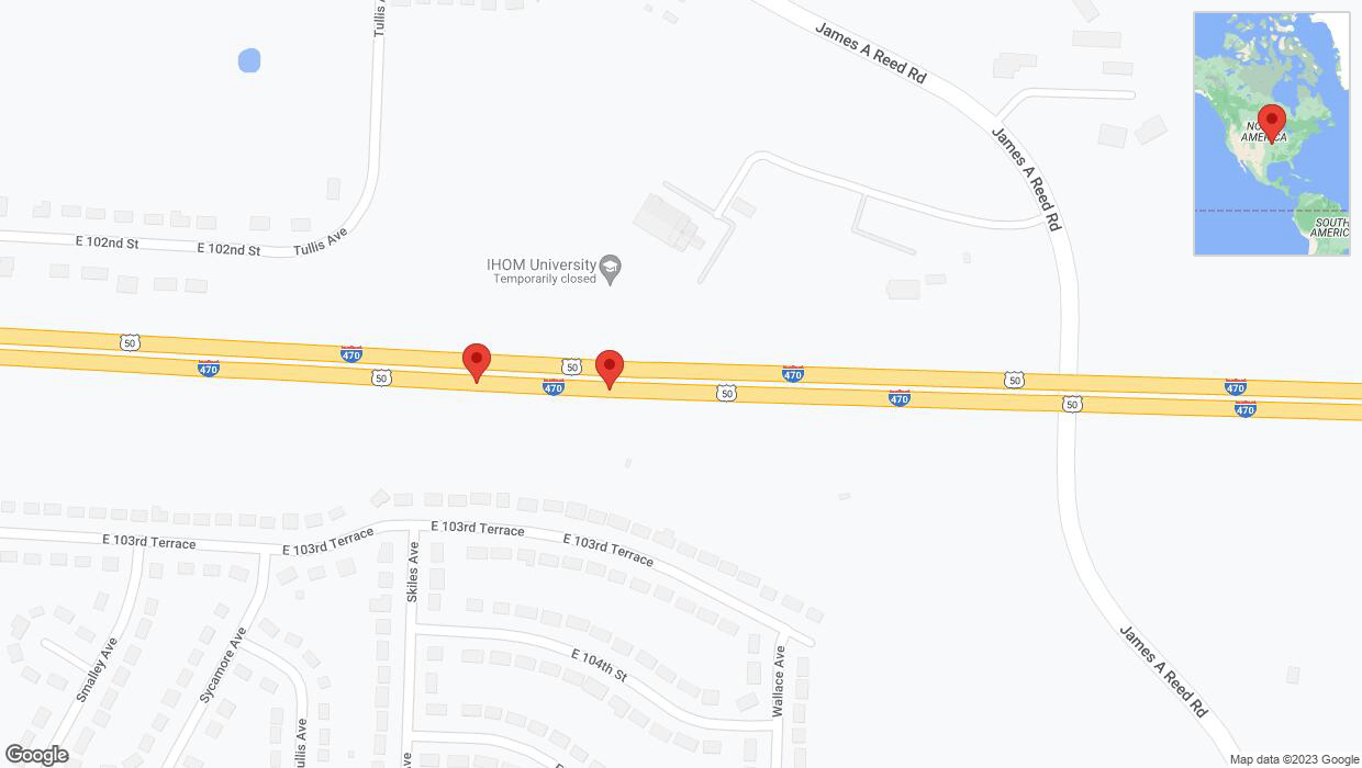 A detailed map that shows the affected road due to 'Broken down vehicle on eastbound I-470 in Kansas City' on September 25th at 5:01 p.m.
