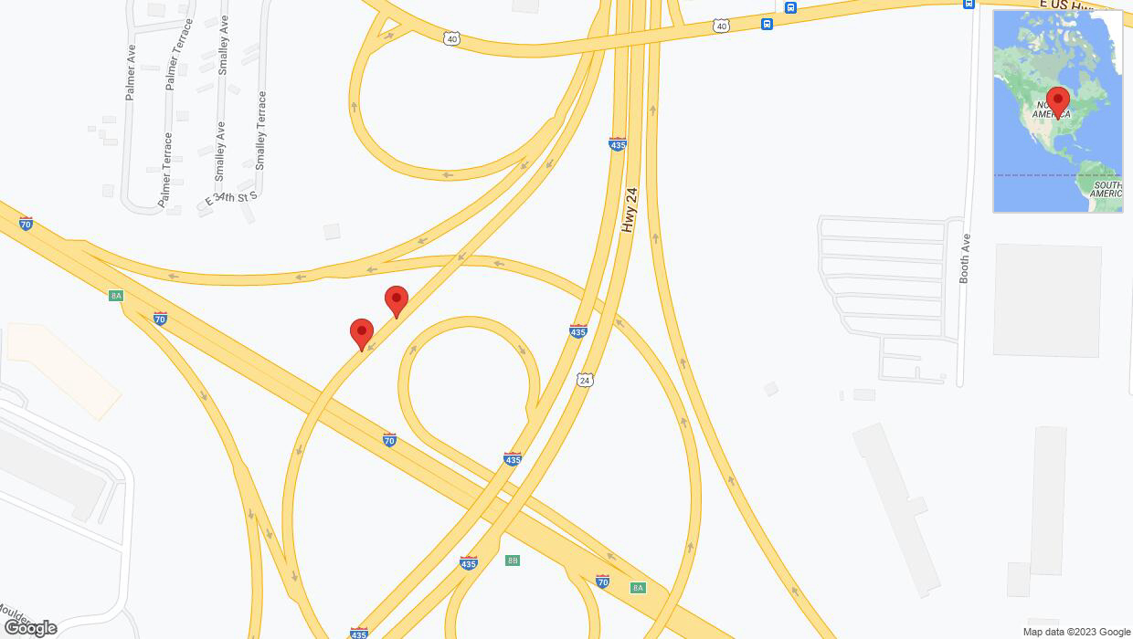 A detailed map that shows the affected road due to 'Broken down vehicle on the East US Highway 40 in Kansas City' on September 25th at 5:25 p.m.