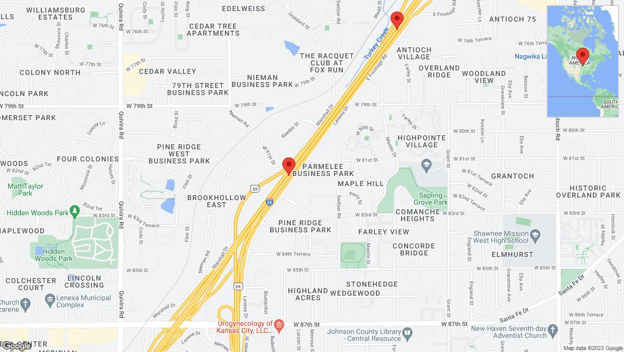 A detailed map that shows the affected road due to 'Warning in Overland Park: Crash reported on eastbound I-35' on September 25th at 5:55 p.m.
