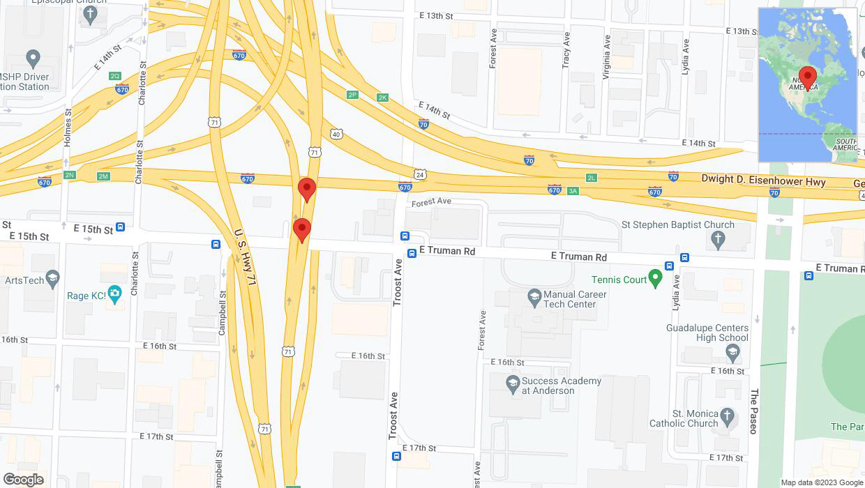 A detailed map that shows the affected road due to 'Broken down vehicle on northbound US-71 in Kansas City' on September 25th at 6:13 p.m.