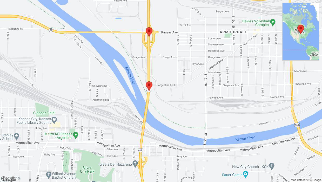 A detailed map that shows the affected road due to 'Lane on US-69 closed in Kansas City' on September 25th at 10:07 p.m.