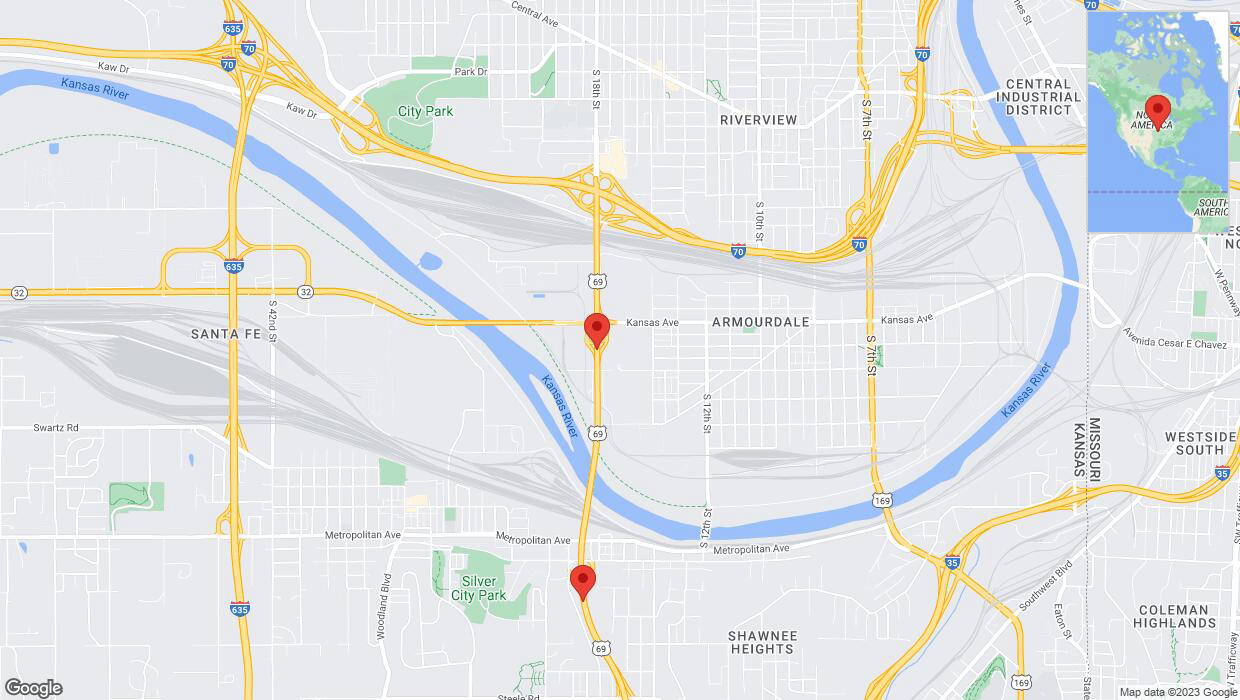 A detailed map that shows the affected road due to 'Lane on US-69 closed in Kansas City' on September 25th at 11:07 p.m.