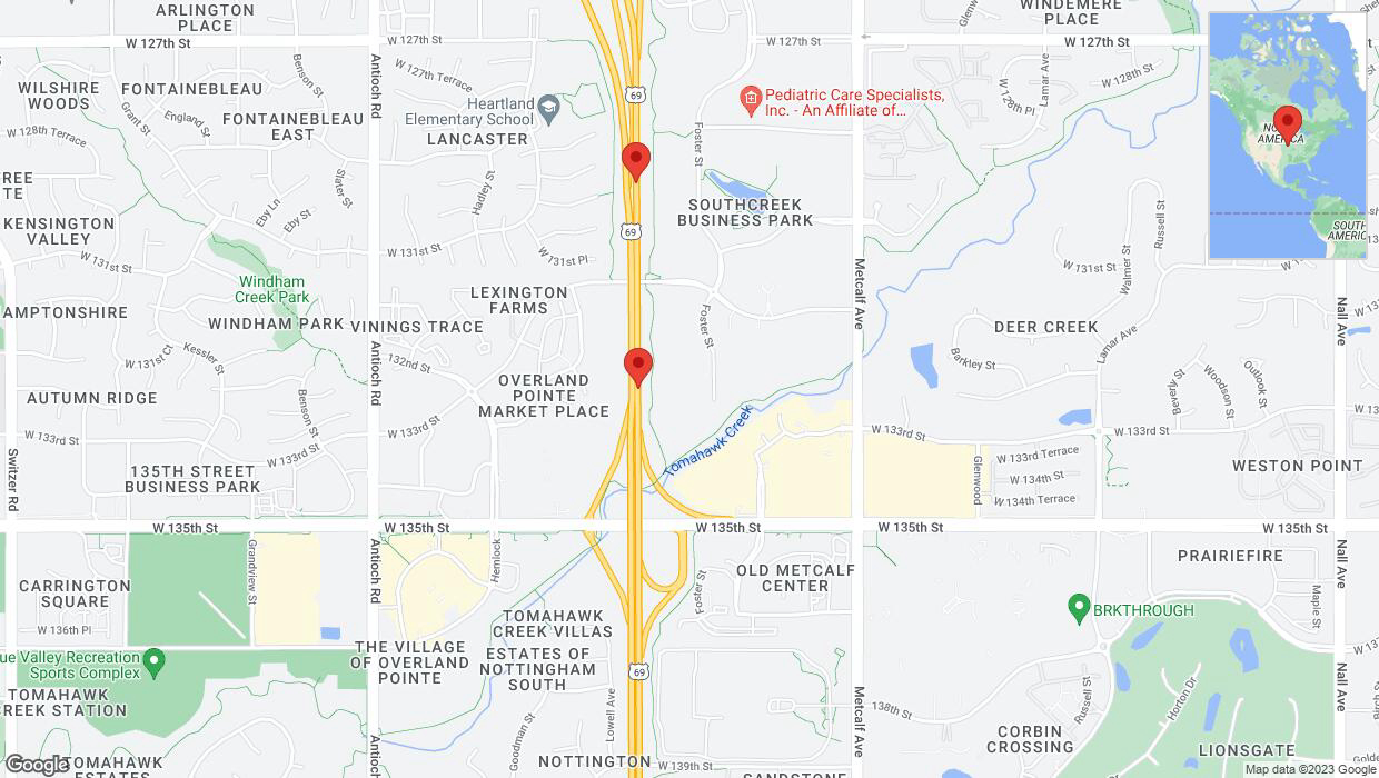 A detailed map that shows the affected road due to 'Lane on US-69 closed in Overland Park' on September 26th at 12:13 p.m.