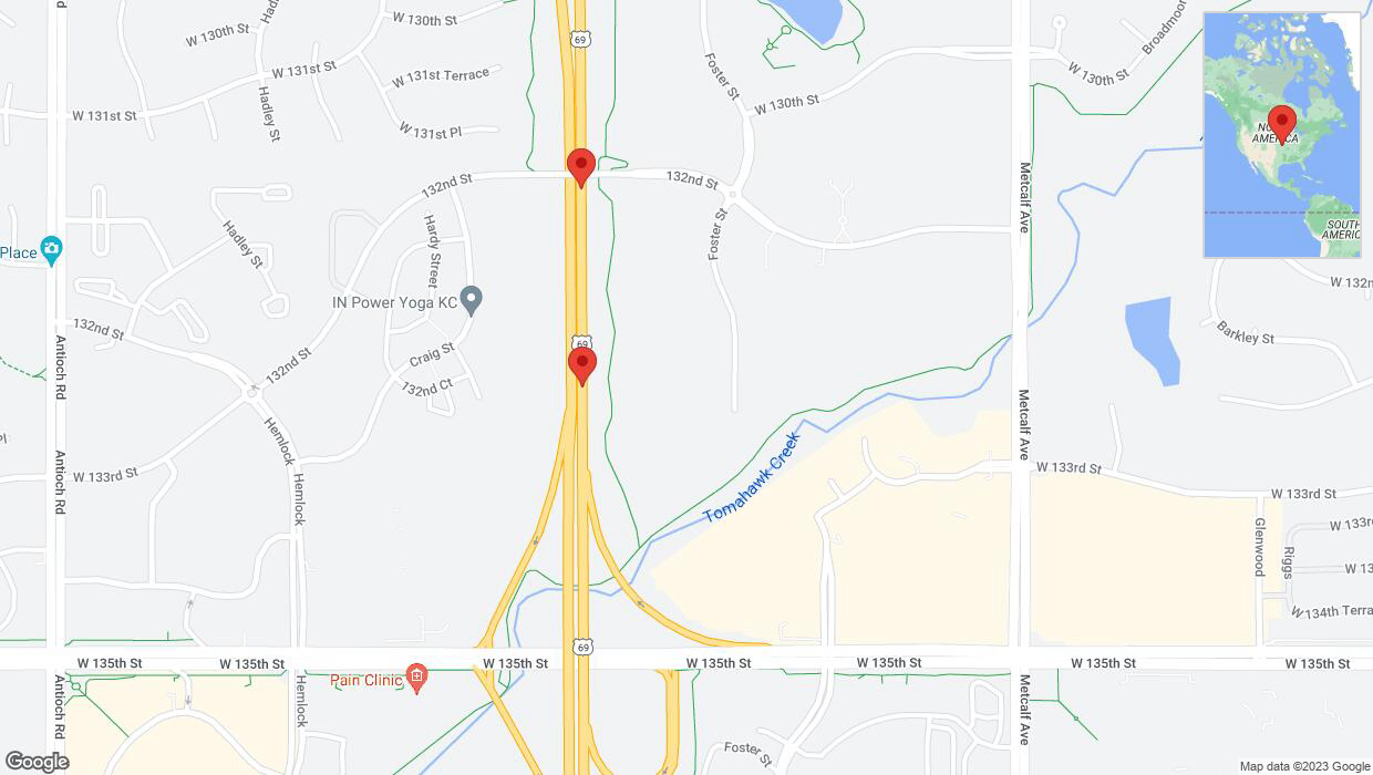A detailed map that shows the affected road due to 'Lane on US-69 closed in Overland Park' on September 26th at 1:07 p.m.