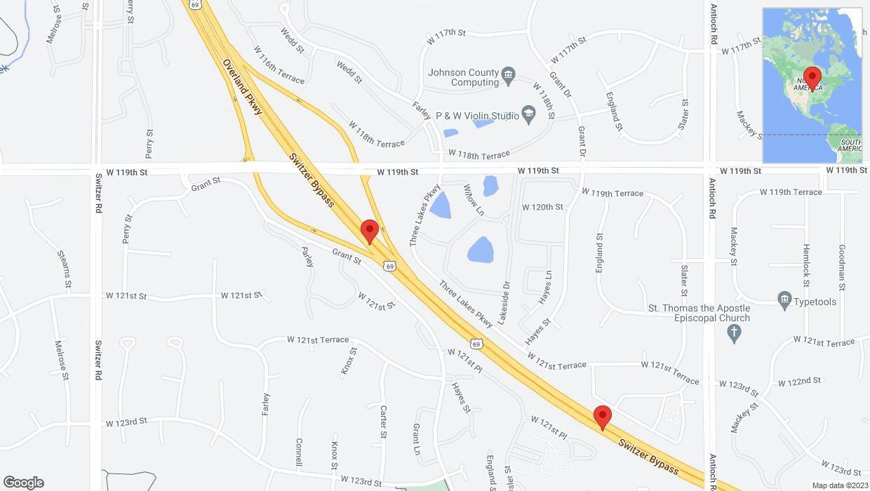 A detailed map that shows the affected road due to 'Lane on US-69 closed in Overland Park' on September 26th at 3:13 p.m.