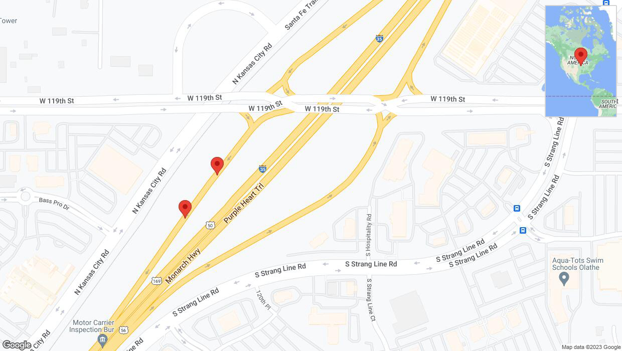 A detailed map that shows the affected road due to 'Broken down vehicle on North Kansas City Road in Olathe' on September 26th at 3:55 p.m.