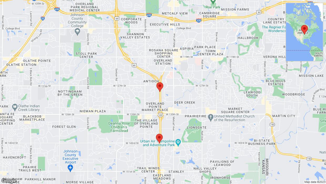 A detailed map that shows the affected road due to 'Lane on US-69 closed in Overland Park' on September 26th at 9:13 p.m.