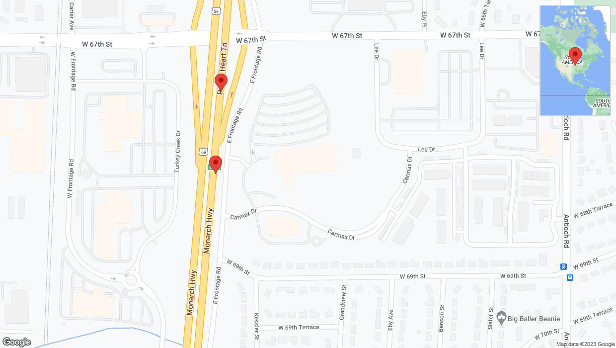 A detailed map that shows the affected road due to 'Broken down vehicle on eastbound I-35 in Merriam' on September 26th at 5:55 p.m.