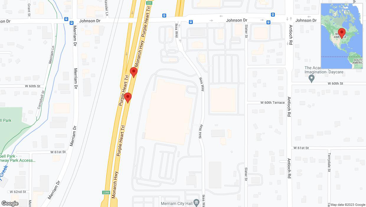 A detailed map that shows the affected road due to 'Broken down vehicle on northbound I-35 in Merriam' on September 26th at 5:07 p.m.