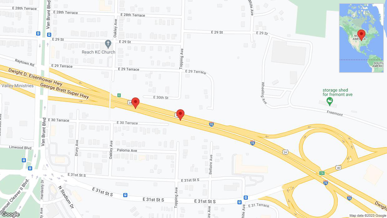 A detailed map that shows the affected road due to 'Broken down vehicle on eastbound I-70 in Kansas City' on September 26th at 6:25 p.m.