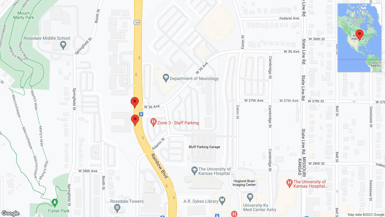 A detailed map that shows the affected road due to 'Lane on Rainbow Boulevard/US-169 closed in Kansas City' on September 26th at 8:13 p.m.