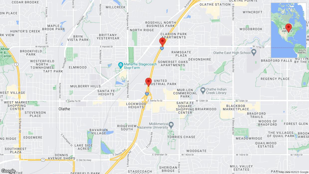 A detailed map that shows the affected road due to 'Warning in Olathe: Crash reported on eastbound I-35' on September 27th at 2:19 p.m.