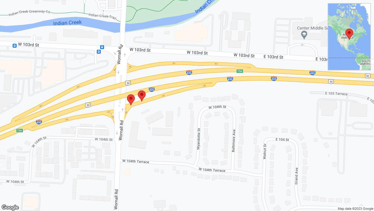 A detailed map that shows the affected road due to 'Broken down vehicle on West 104th Terrace in Kansas City' on September 27th at 1:55 p.m.