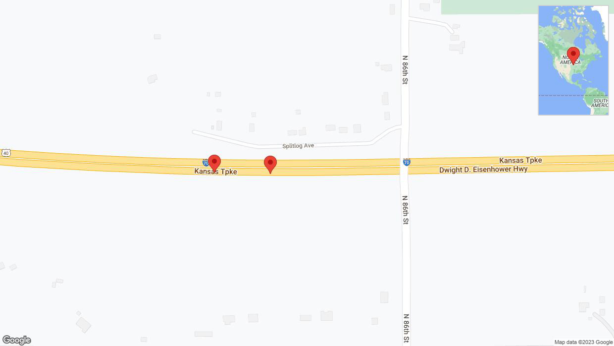 A detailed map that shows the affected road due to 'Broken down vehicle on eastbound I-70 in Kansas City' on September 27th at 3:07 p.m.