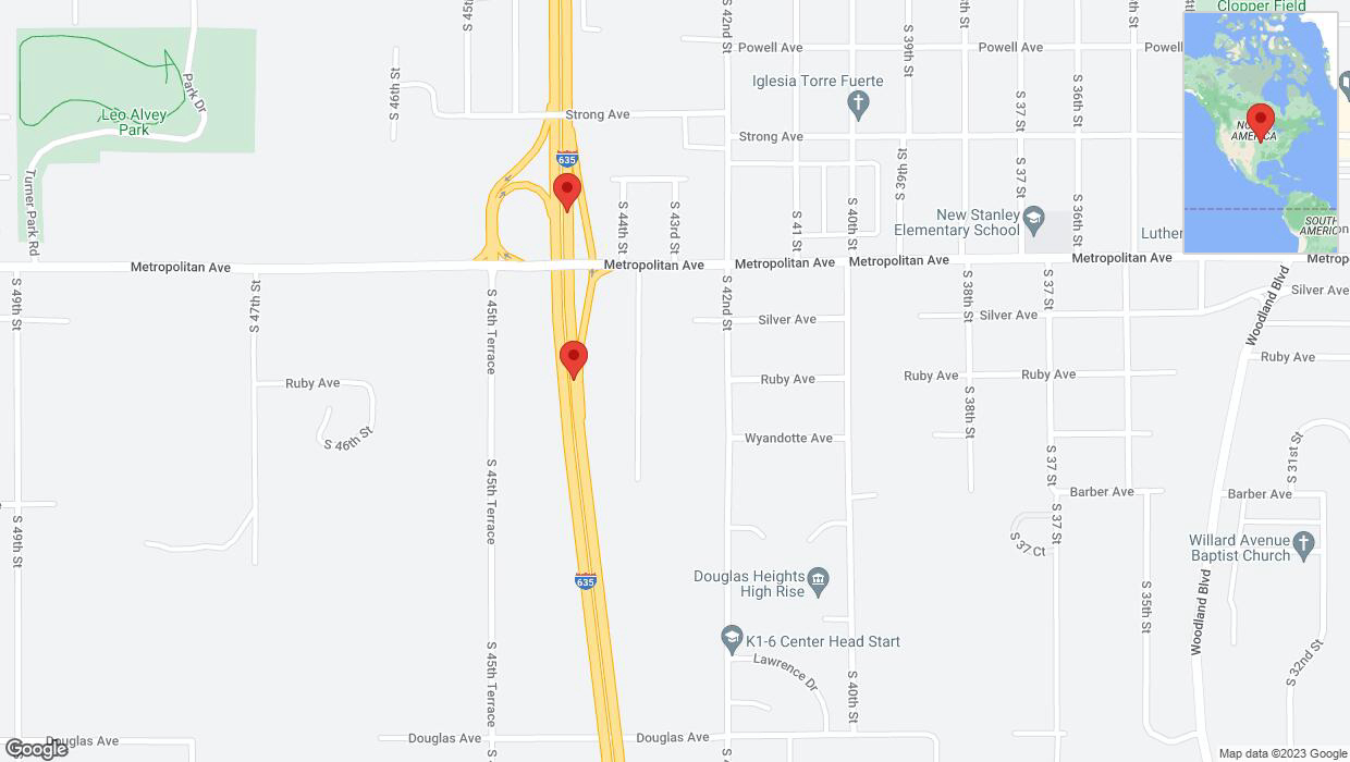 A detailed map that shows the affected road due to 'Broken down vehicle on northbound I-635 in Kansas City' on September 27th at 4:55 p.m.