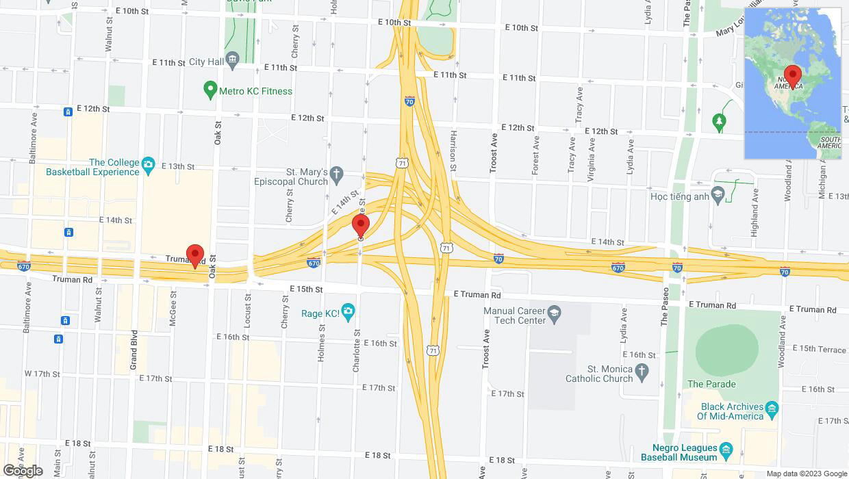 A detailed map that shows the affected road due to 'Warning in Kansas City: Crash reported on Charlotte Street' on September 27th at 6:13 p.m.