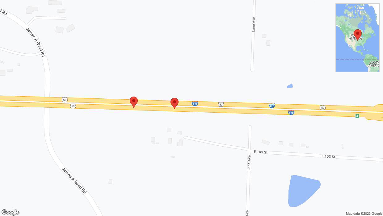 A detailed map that shows the affected road due to 'Warning in Kansas City: Crash reported on eastbound I-470' on September 27th at 6:13 p.m.