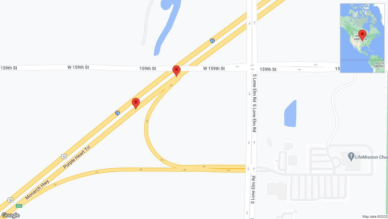 A detailed map that shows the affected road due to 'Broken down vehicle on eastbound I-35 in Olathe' on September 27th at 7:13 p.m.