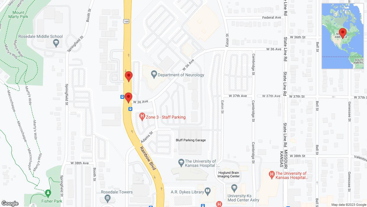 A detailed map that shows the affected road due to 'Lane on Rainbow Boulevard/US-169 closed in Kansas City' on September 27th at 7:13 p.m.