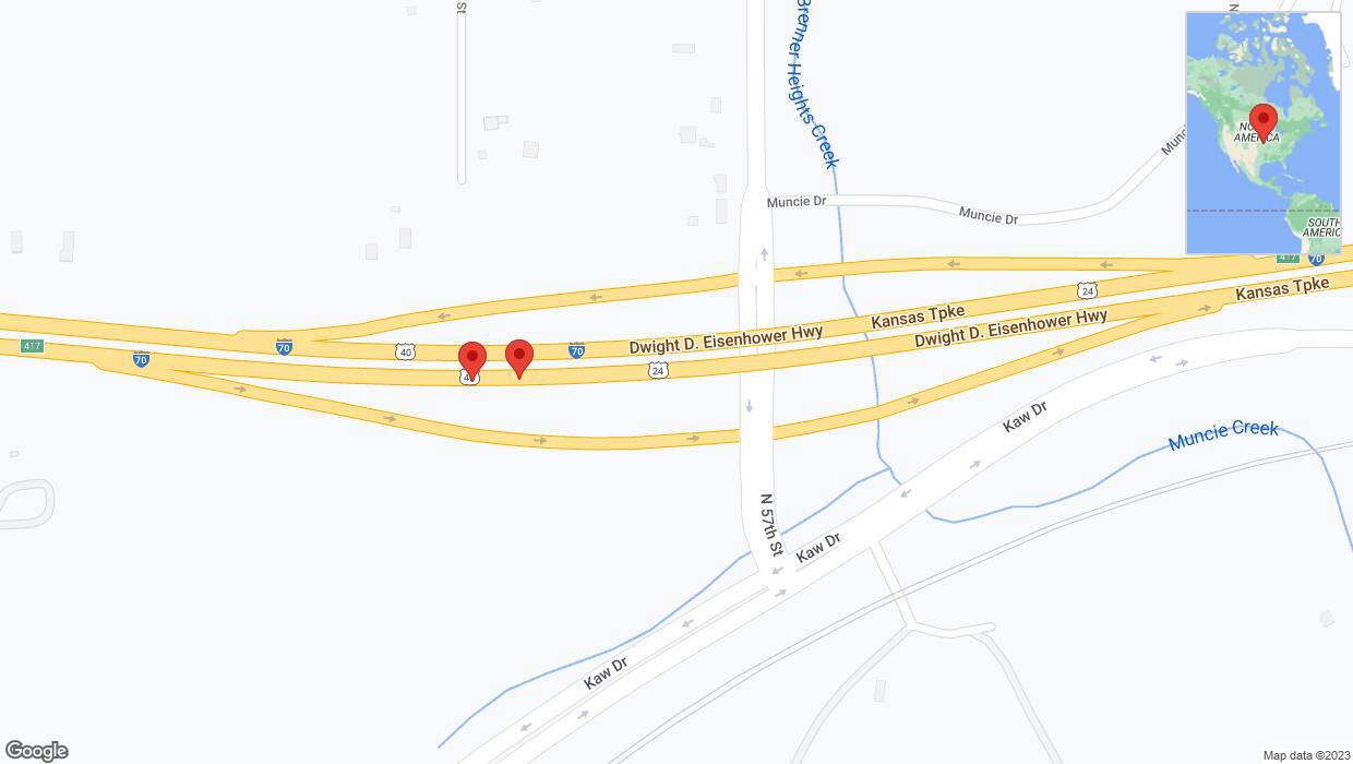 A detailed map that shows the affected road due to 'Broken down vehicle on eastbound I-70 in Kansas City' on September 27th at 7:19 p.m.