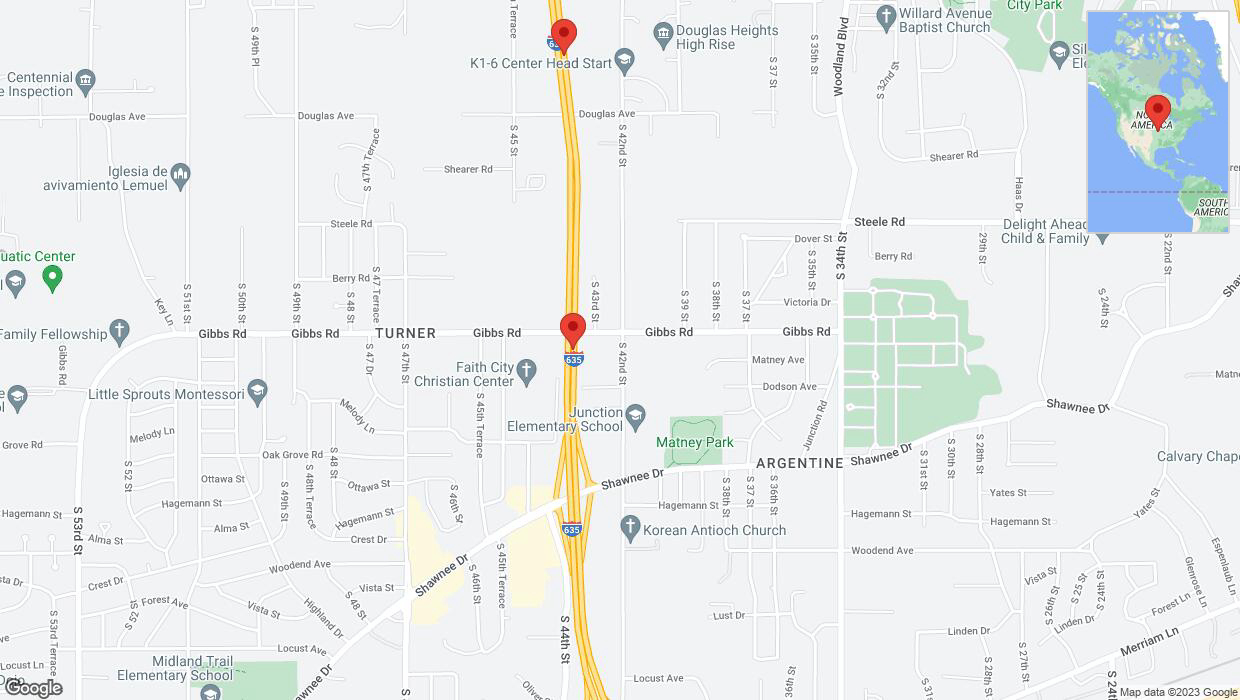 A detailed map that shows the affected road due to 'Warning: Crash on northbound I-635 in Kansas City' on September 28th at 5:49 p.m.