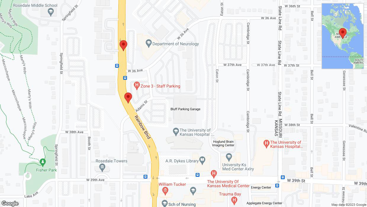 A detailed map that shows the affected road due to 'Lane on Rainbow Boulevard/US-169 closed in Kansas City' on September 28th at 7:13 p.m.