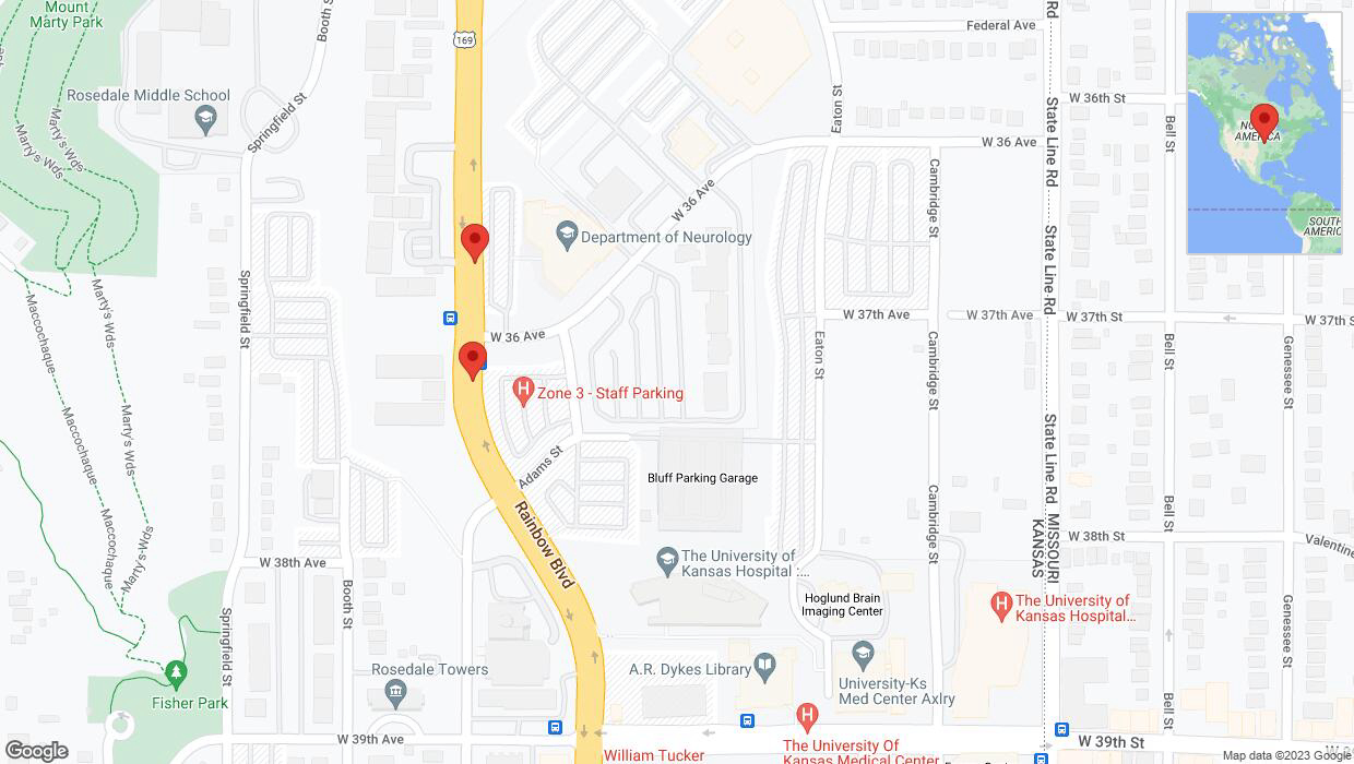 A detailed map that shows the affected road due to 'Lane on Rainbow Boulevard/US-169 closed in Kansas City' on September 28th at 9:14 p.m.