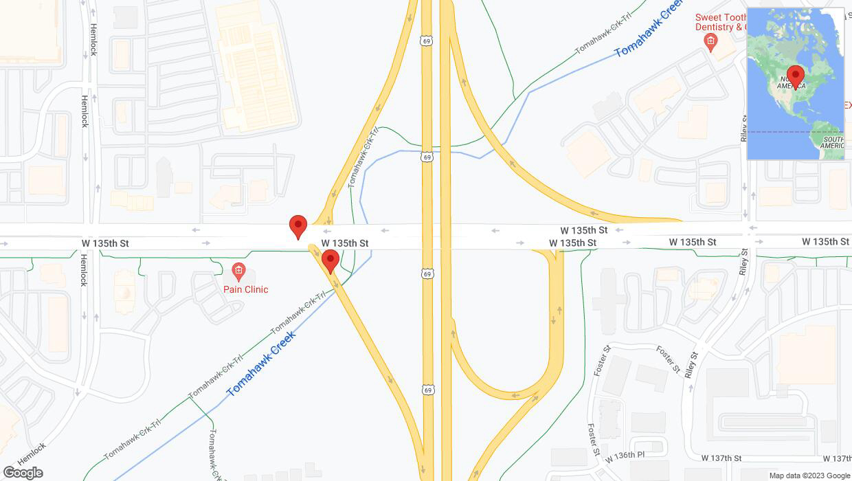 A detailed map that shows the affected road due to 'West 135th Street closed in Overland Park' on September 28th at 10:44 p.m.